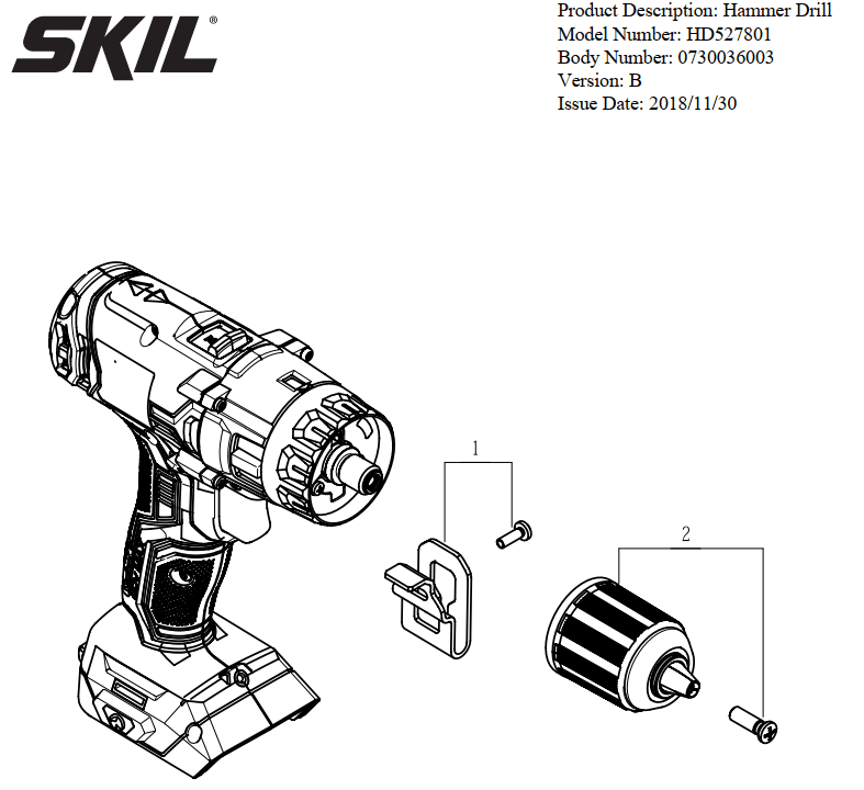 Section 1 Diagram and Parts List for HD527801 A Skil Hammer Drill