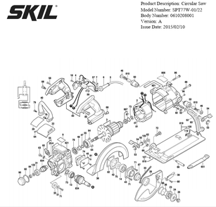 Section 1 Diagram and Parts List for SPT77W-22 A Skil Circular Saw