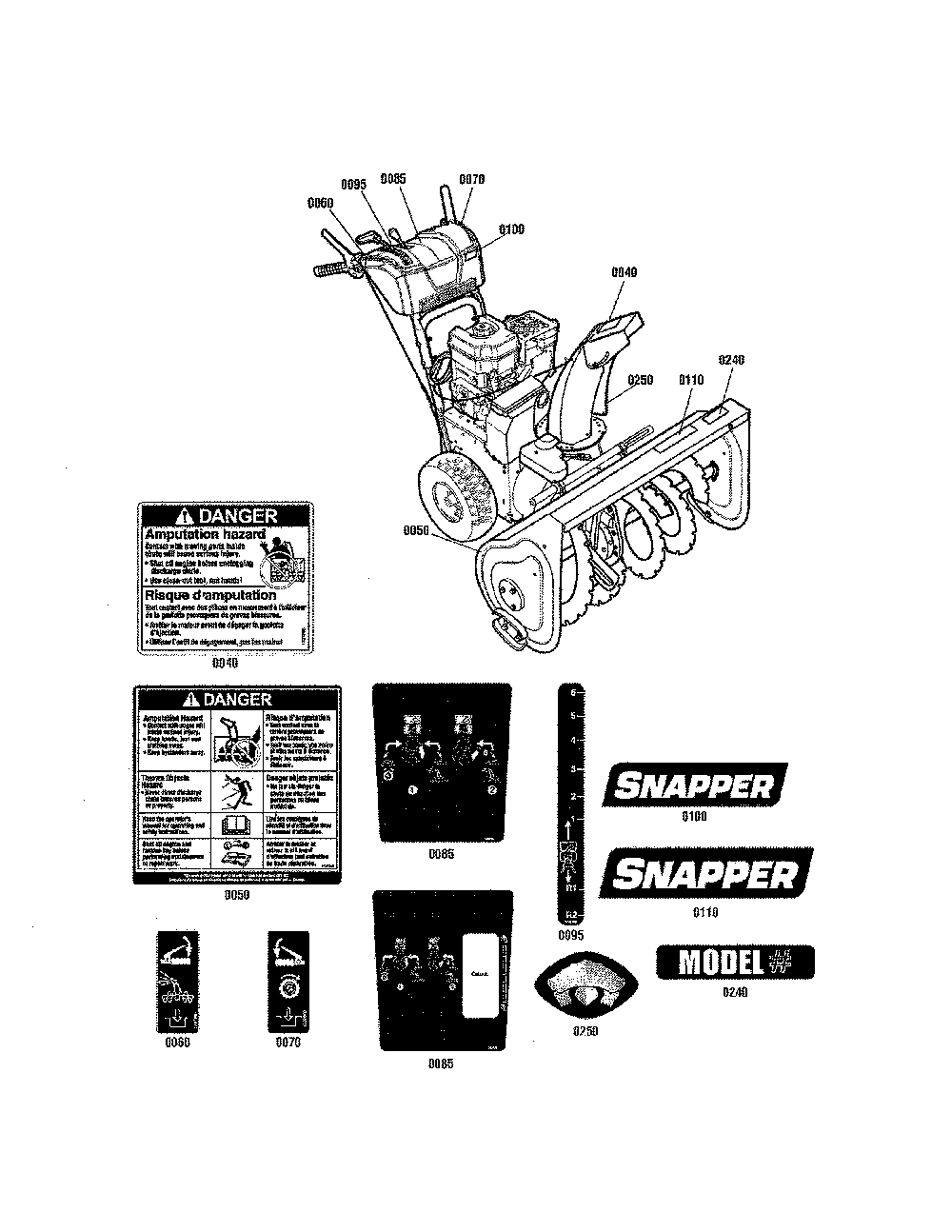 Decals Diagram and Parts List for 13088768  Snapper Snow Blower