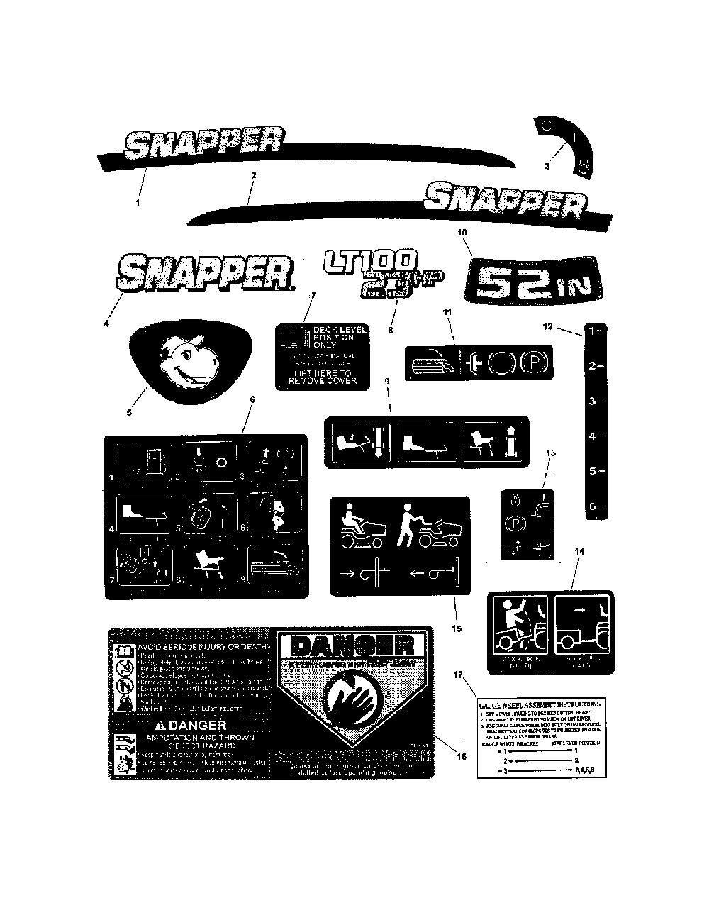 Decals Diagram and Parts List for CLT24520  Snapper Lawn Tractor