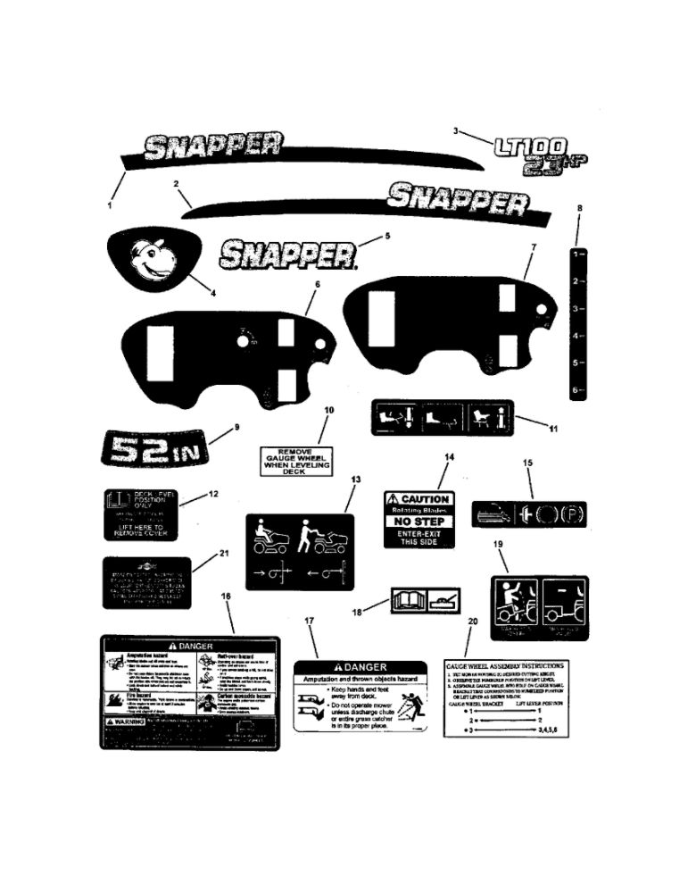 Decals Diagram and Parts List for LT24520 7800317 Snapper Lawn Tractor
