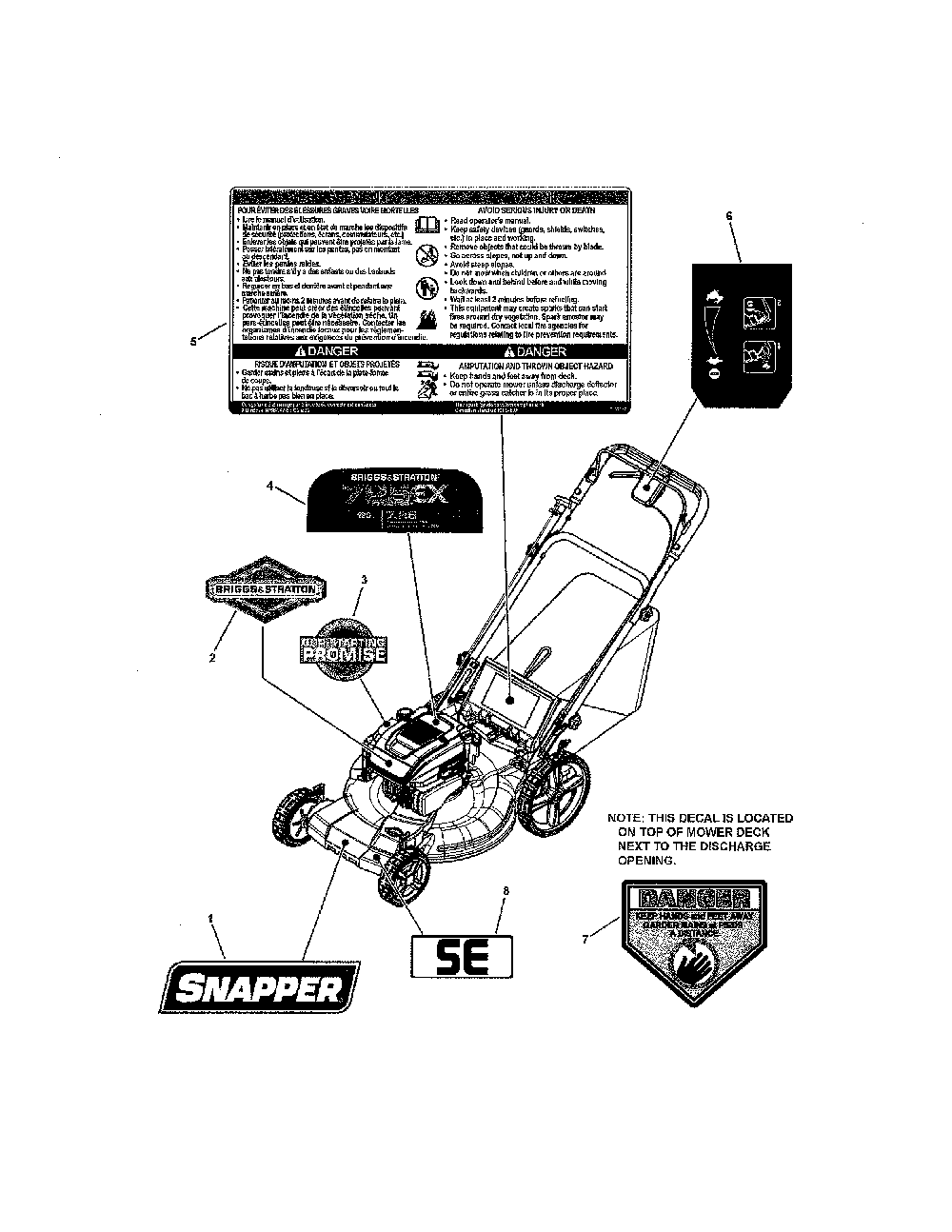 Decal Diagram and Parts List for 130381460  Snapper Lawn Mower