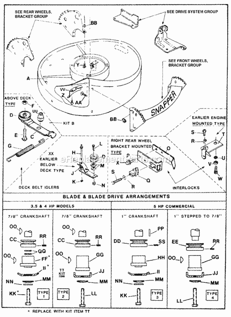 Deck Idler Blade Interlock Diagram and Parts List for 21400 80S Snapper Lawn Mower