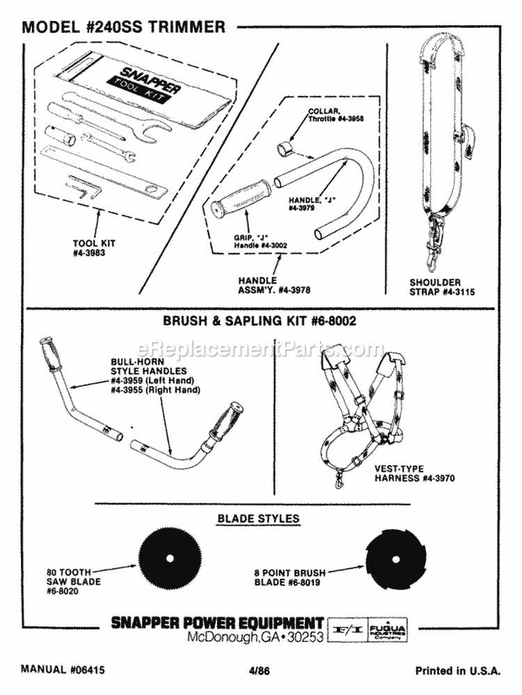 240Ss Accessories Diagram and Parts List for 240SS  Snapper Trimmer