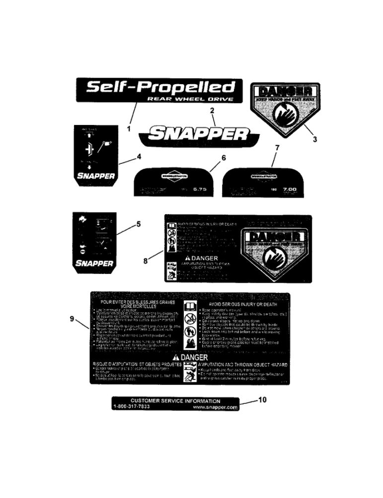 Decals Diagram and Parts List for 7800422 NSPV21675E Snapper Lawn Mower