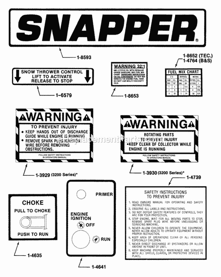 Decals (Part 1) Diagram and Parts List for 32001SSST  Snapper Snow Blower