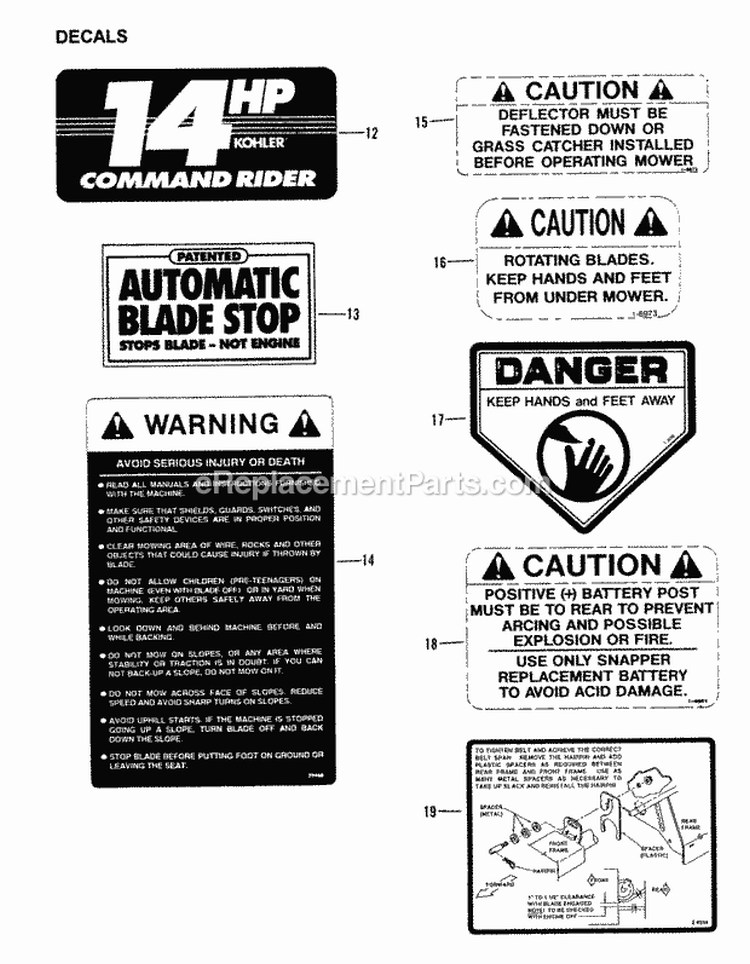 Decals (Part 2) Diagram and Parts List for 280914BE  Snapper Lawn Tractor