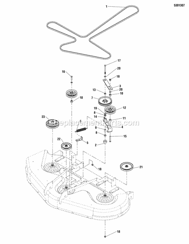 54 Mower Deck - Pulleys Belt  Idler Arm Group Diagram and Parts List for 355ZB2654 5900748 Snapper Lawn Tractor