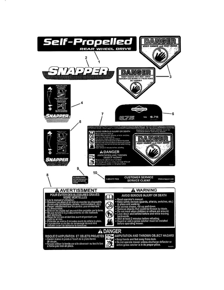 Decals Diagram and Parts List for 7800423 SPV21675EFC Snapper Lawn Mower