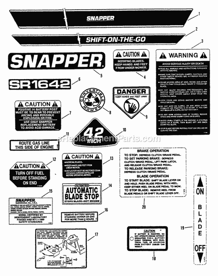 Decals Diagram and Parts List for 421614BVE  Snapper Lawn Tractor