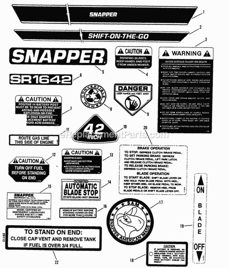 Decals Diagram and Parts List for 421615BVE  Snapper Lawn Tractor