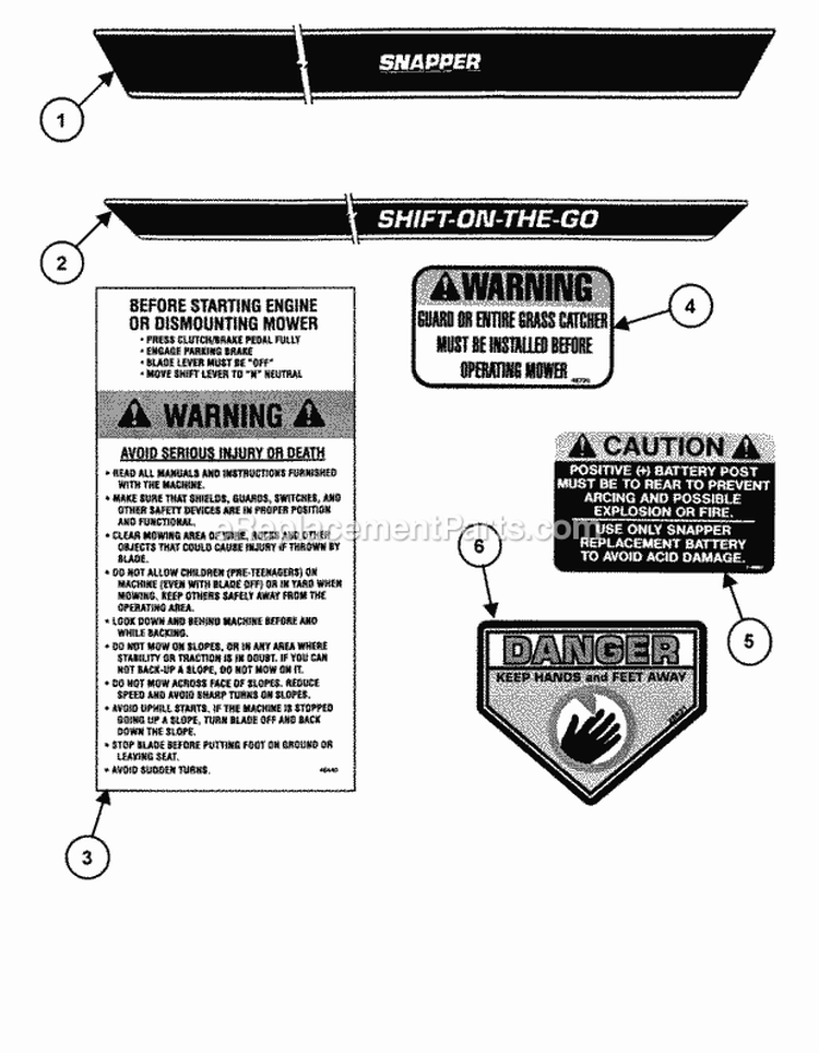 Decals (Part 1) Diagram and Parts List for 421620BVE  Snapper Lawn Tractor