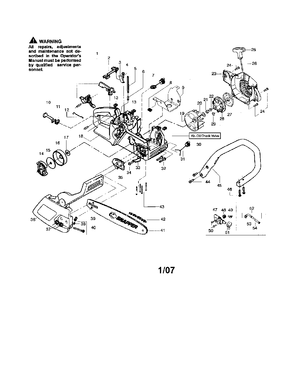 Chassis/bar/handle Diagram and Parts List for S1634LE  Snapper Chainsaw