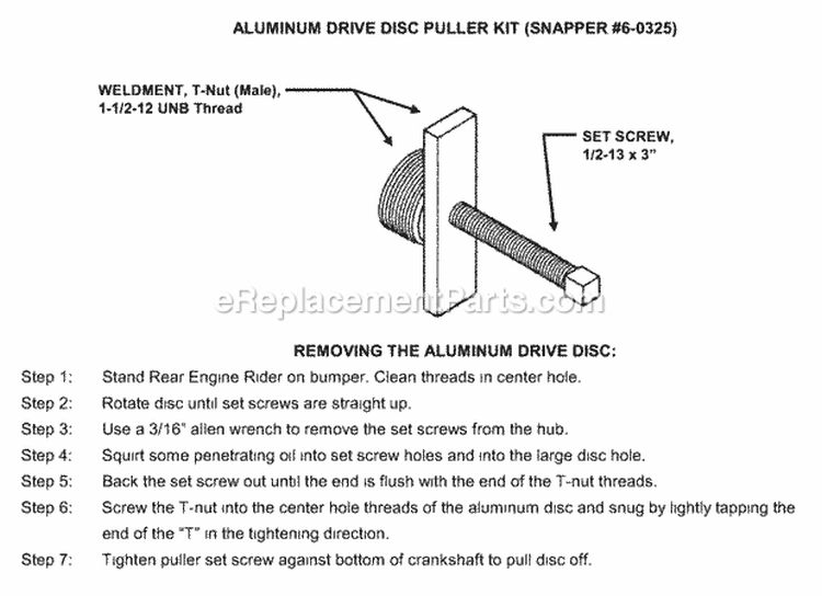 Disc Puller Kit Diagram and Parts List for 7060325  Snapper Lawn Tractor