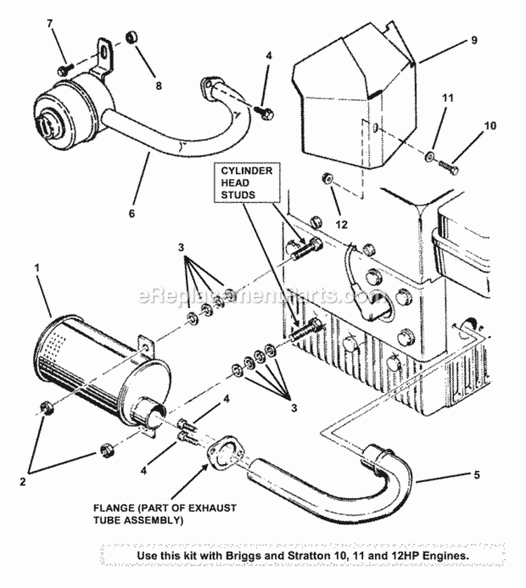 Briggs 10 11  12 Hp Mufflers Diagram and Parts List for 7060334  Snapper Lawn Tractor