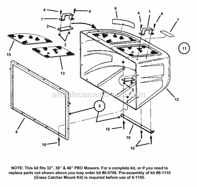 Grass Catcher Hopper Replacement Diagram and Parts List for 7061105  Snapper Lawn Tractor Accessories