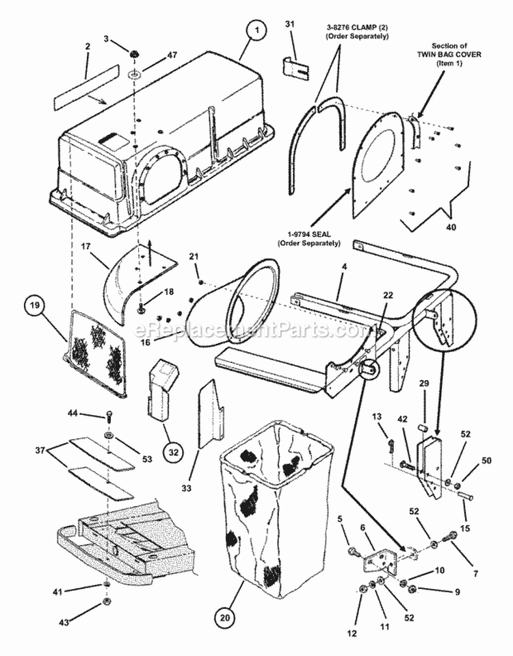 Twin Bag Catcher Diagram and Parts List for 7063047  Snapper Lawn Tractor