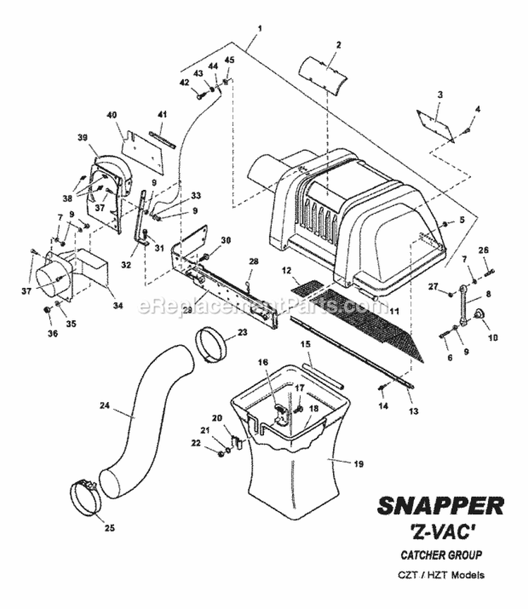 Z-Vac CztHzt Catcher Group Diagram and Parts List for 7063375  Snapper Lawn Tractor Accessories