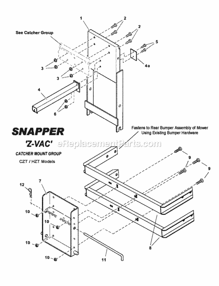 Z-Vac CztHzt Catcher Mount Group Diagram and Parts List for 7063375  Snapper Lawn Tractor Accessories