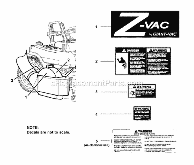 Snapper Z-Vac Decal Group Diagram and Parts List for 7600005  Snapper Lawn Tractor Accessories