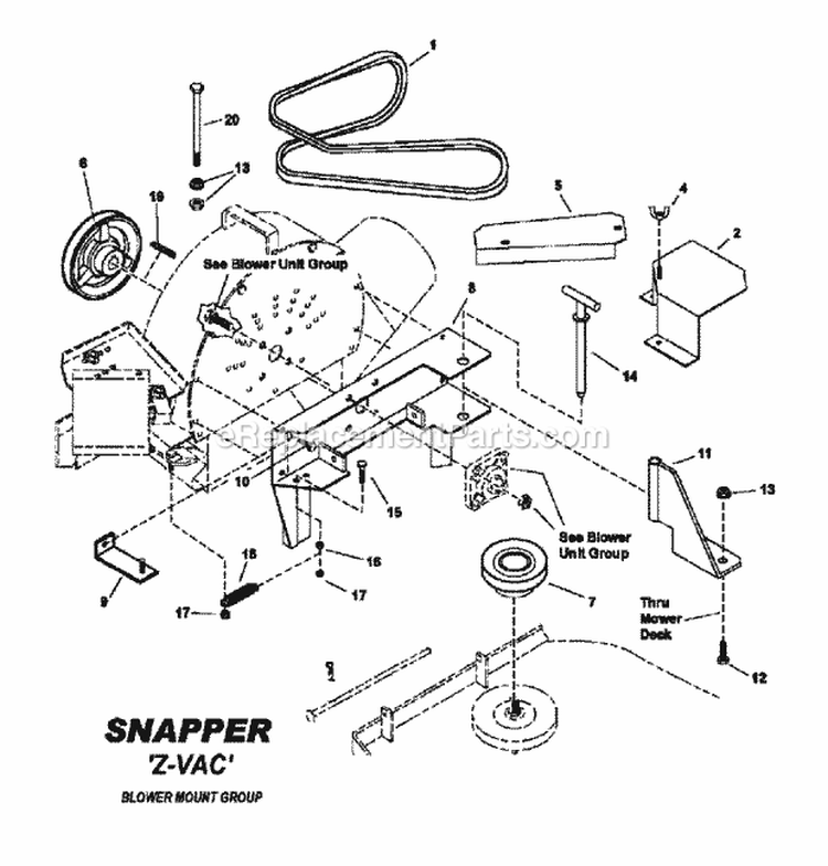 Blower Mount Group Diagram and Parts List for 7600026  Snapper Lawn Tractor Accessories