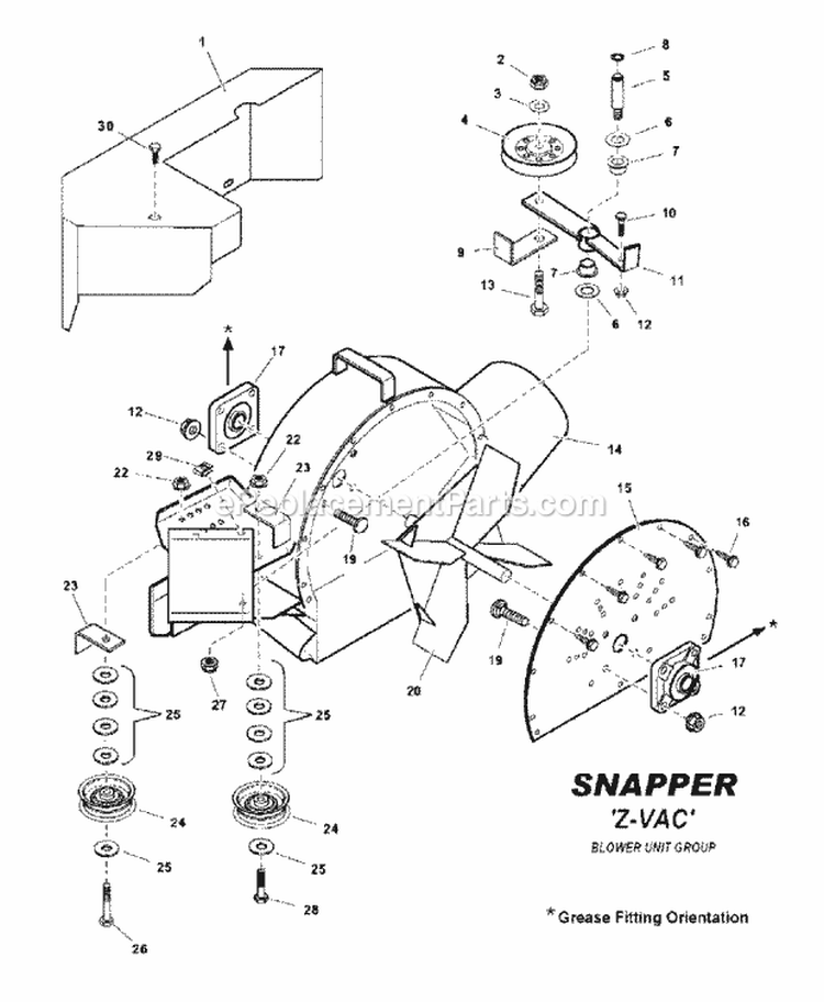 Blower Unit Group Diagram and Parts List for 7600026  Snapper Lawn Tractor Accessories