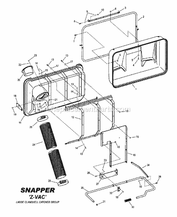 Large Clamshell Catcher Group Diagram and Parts List for 7600026  Snapper Lawn Tractor Accessories