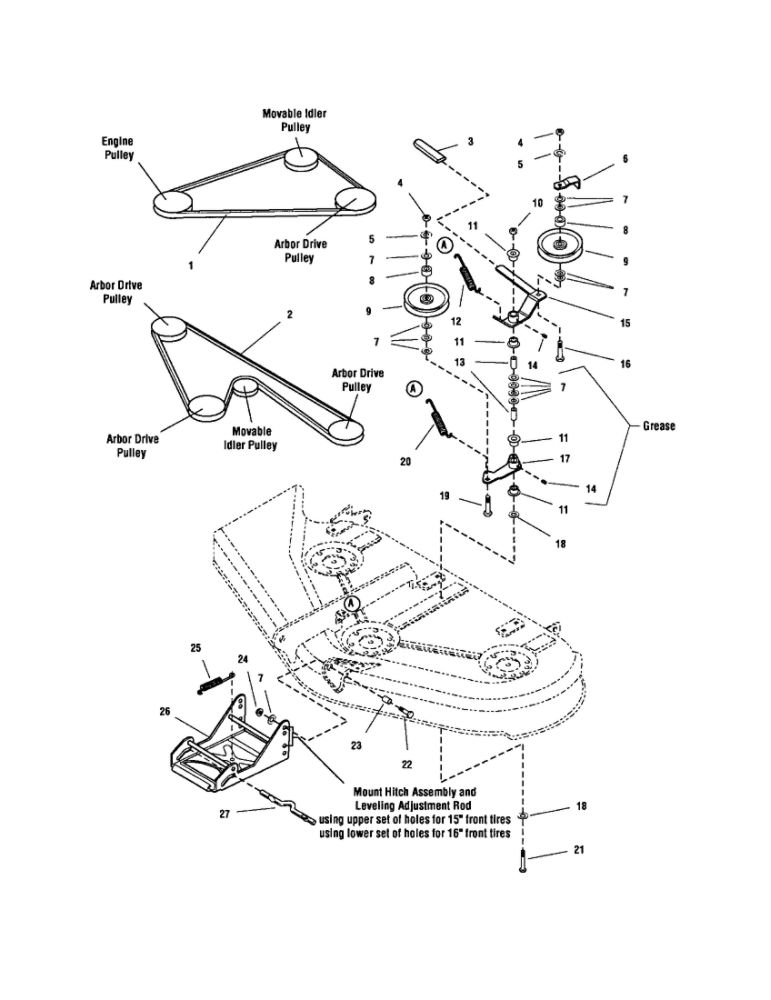 44 Inch Mower Deck-Belt/Idler Arm/Hitch Diagram and Parts List for YT2050 1694637 Snapper Lawn Tractor