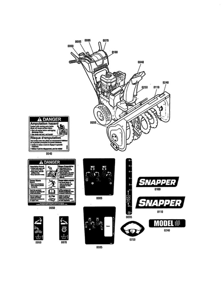 Decals Diagram and Parts List for 1696002 M1227EX Snapper Snow Blower