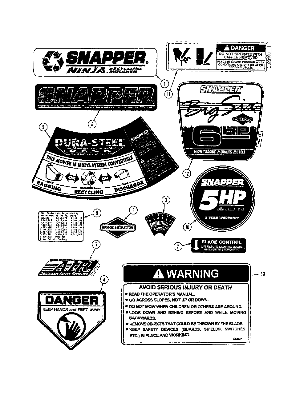 Decals Diagram and Parts List for NFR216012  Snapper Lawn Mower