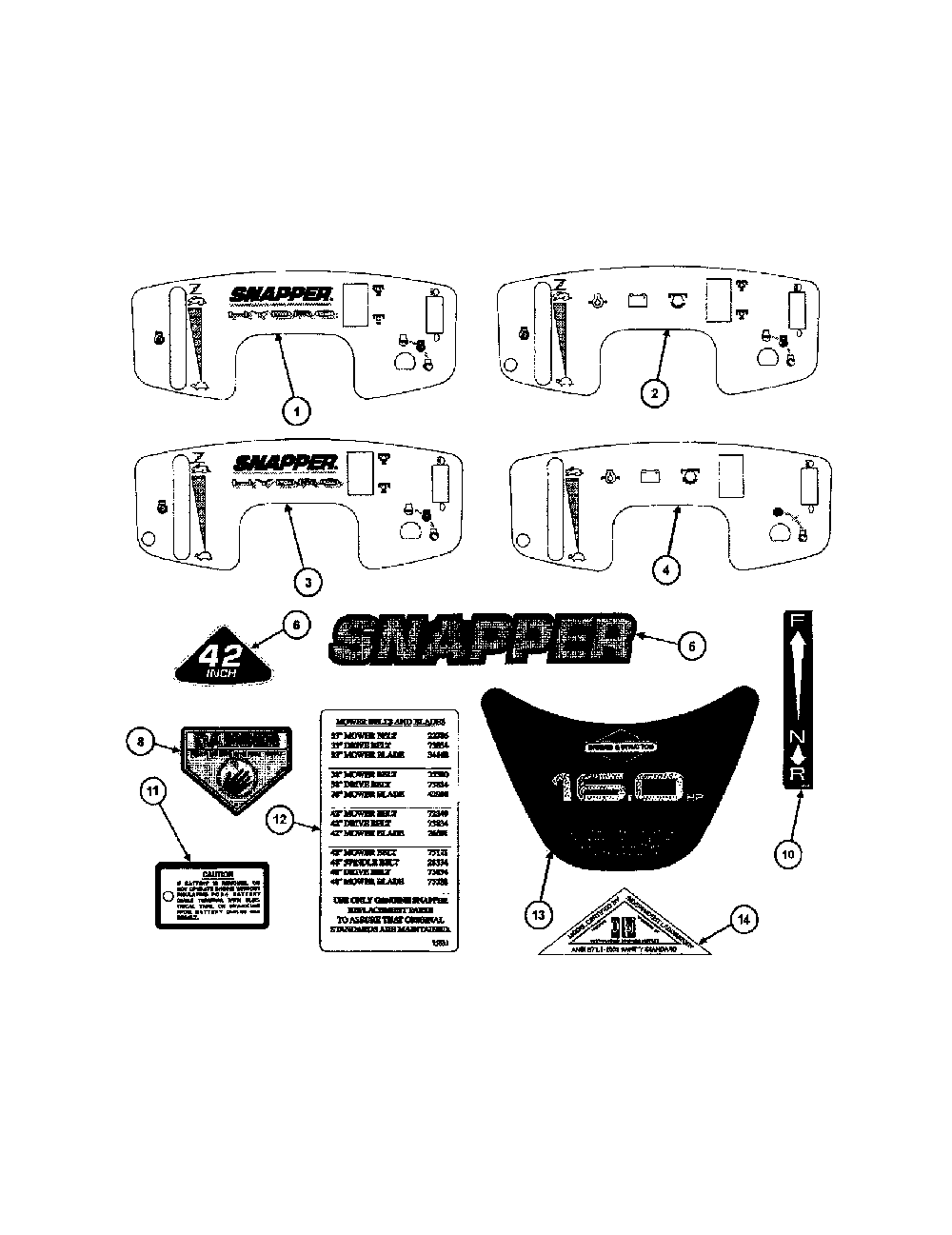Decals Diagram and Parts List for WLT160H42HBV2  Snapper Lawn Tractor
