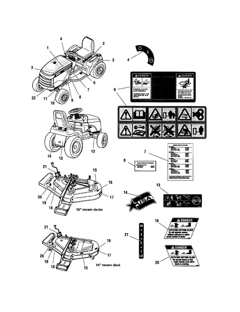 Decals Diagram and Parts List for GT23540 1694621 Snapper Lawn Tractor