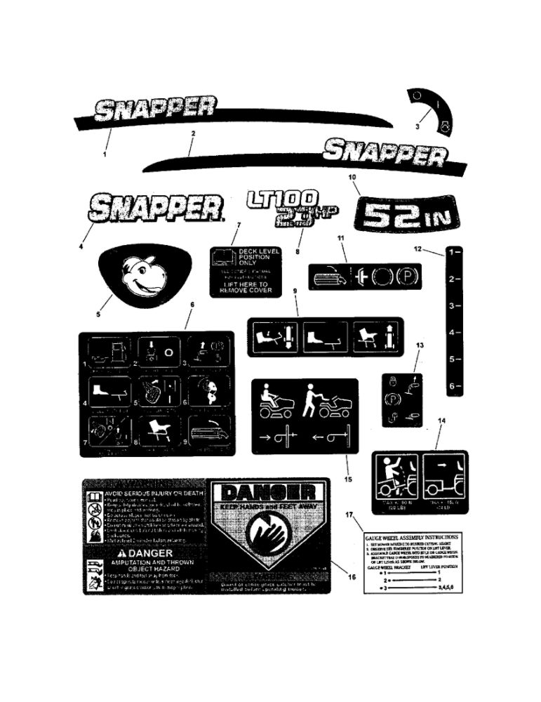 Decals Diagram and Parts List for CLT23460 7800344 Snapper Lawn Tractor