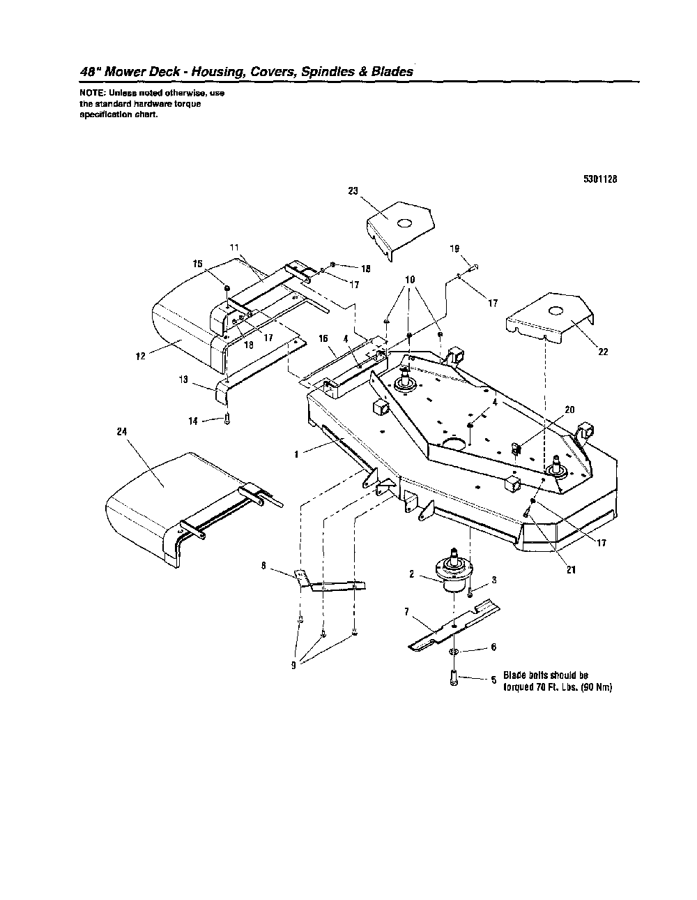 48"-housing/covers/spindles/blades Diagram and Parts List for 5900702  Snapper Lawn Mower