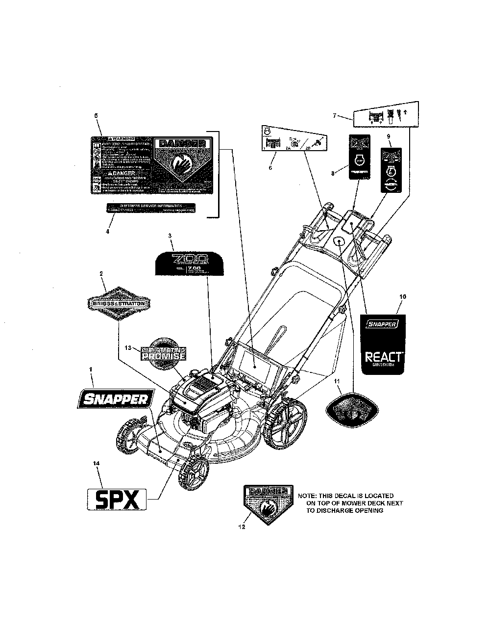 Decals Diagram and Parts List for 13037129  Snapper Lawn Mower