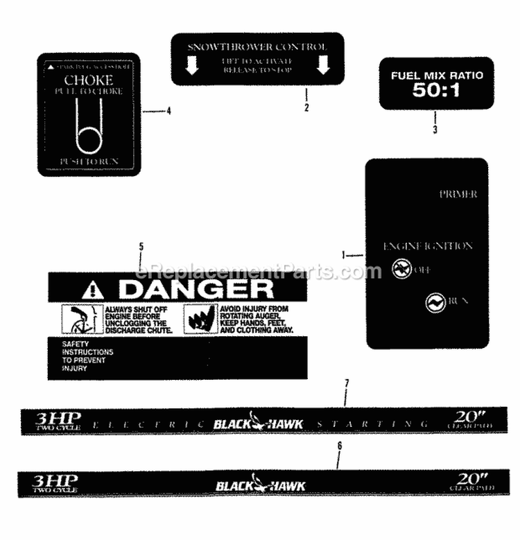 Decals Diagram and Parts List for BH3200  Snapper Snow Blower