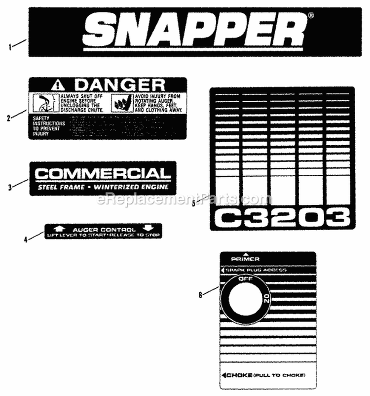 Decals Diagram and Parts List for C3203 82467 Snapper Snow Blower