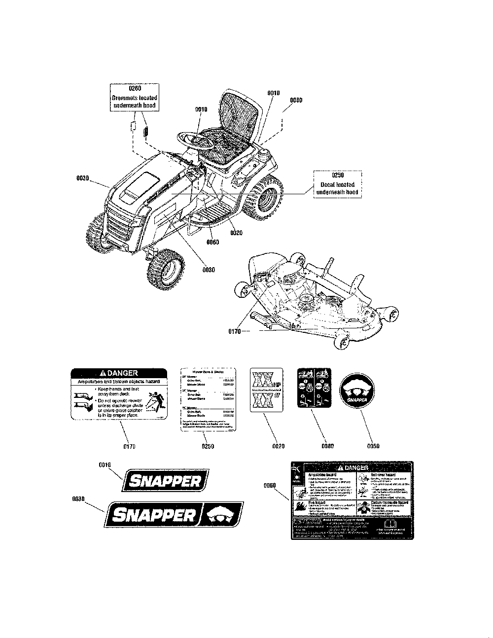 Decals - 46"/52" deck Diagram and Parts List for 280120  Snapper Lawn Tractor