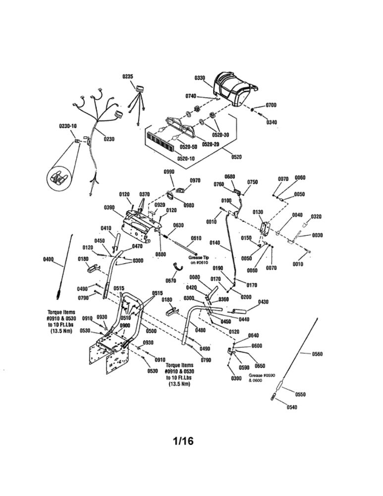 Handles And Controls Diagram and Parts List for 1696002 M1227EX Snapper Snow Blower