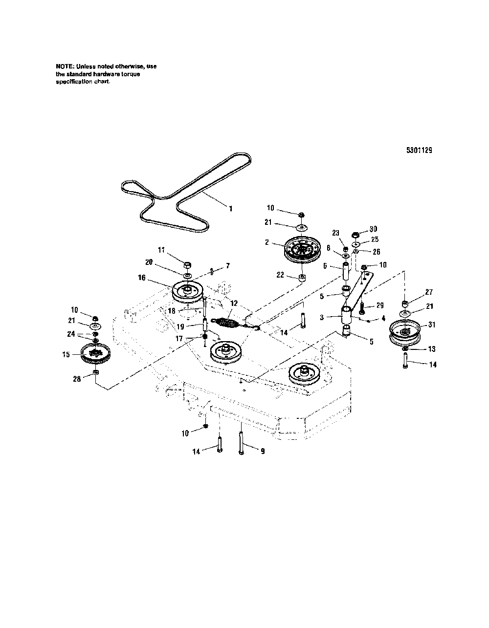 48" deck-belts/pulleys/idler arm Diagram and Parts List for 5900702  Snapper Lawn Mower