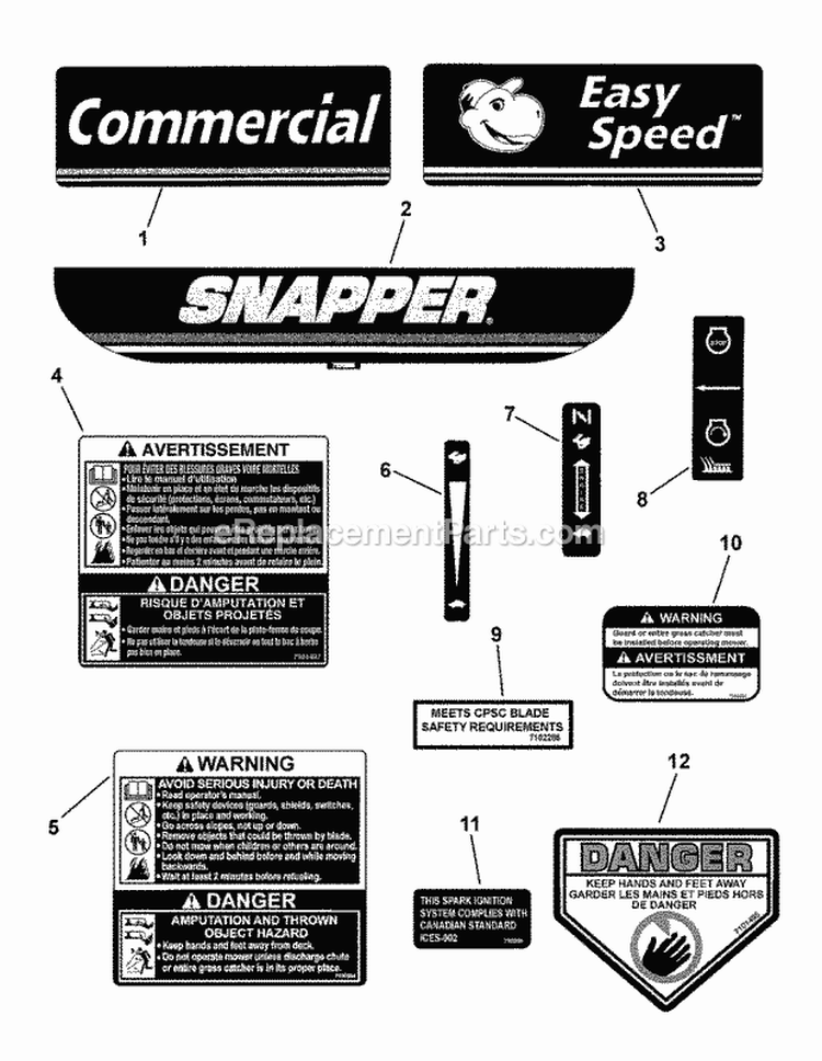 Decals Diagram and Parts List for CP215520HVFC 7800289 Snapper Lawn Mower