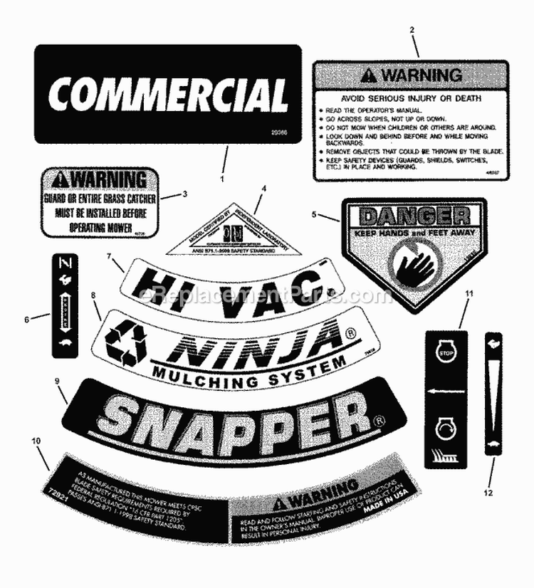 Decals Diagram and Parts List for CRP216018KWV 80656 Snapper Lawn Mower