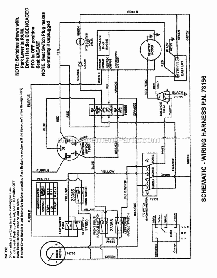 Wiring Schematic (Kawasaki) Diagram and Parts List for CZT19481KWV  Snapper Lawn Tractor
