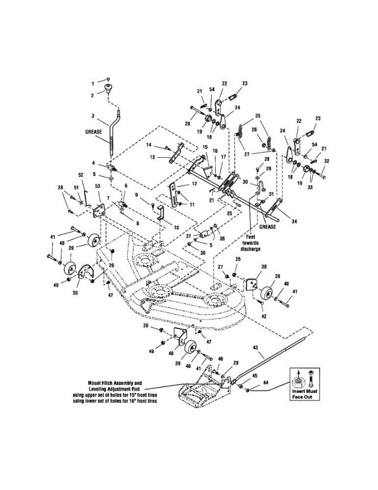 44 Inch Mower Deck-Height Adjustment Diagram and Parts List for YT2050 1694637 Snapper Lawn Tractor