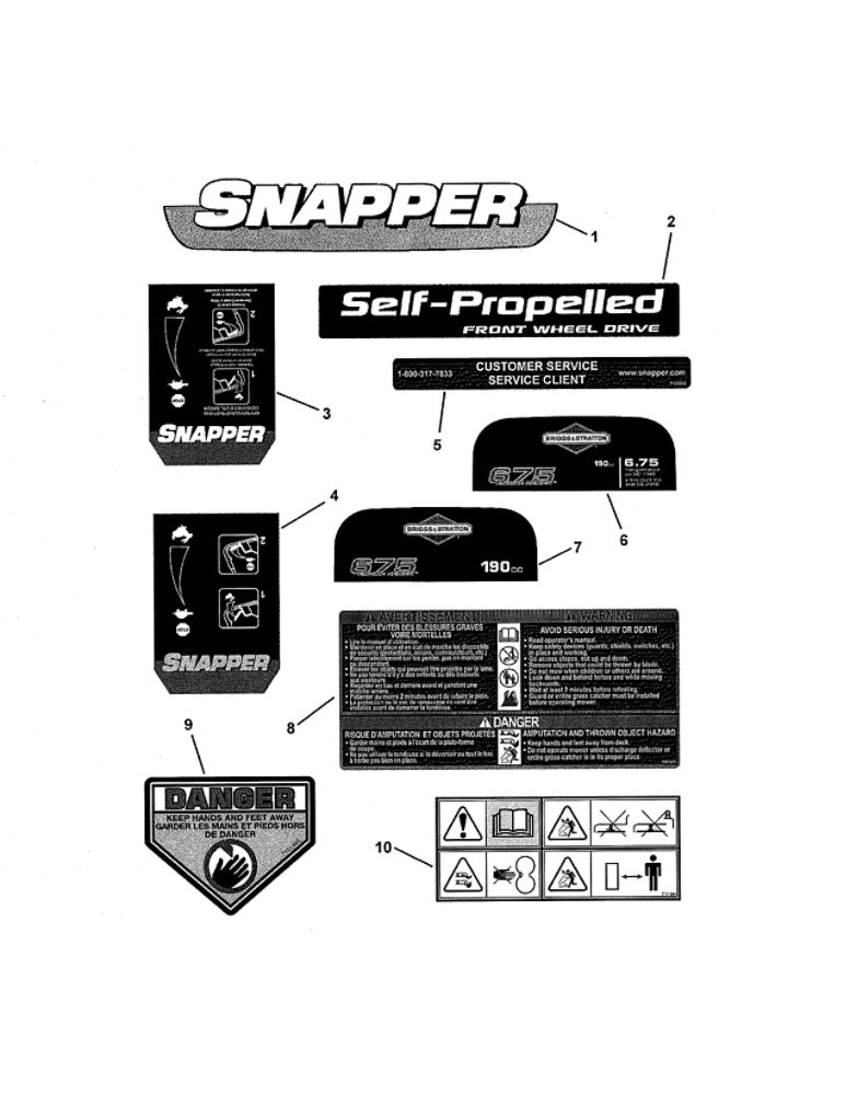 Decals Diagram and Parts List for 7800264 SPV22675HWFC Snapper Lawn Mower