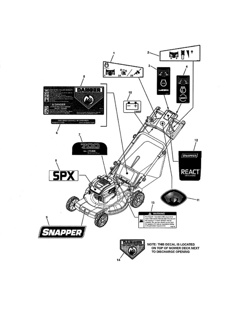 Decals Diagram and Parts List for 7800708 SXPV2270E Snapper Lawn Mower