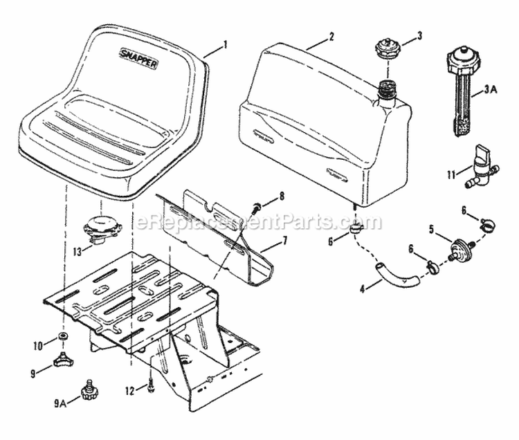 Fuel Tank  Operators Seat Diagram and Parts List for E331315BVE Euro Snapper Lawn Tractor