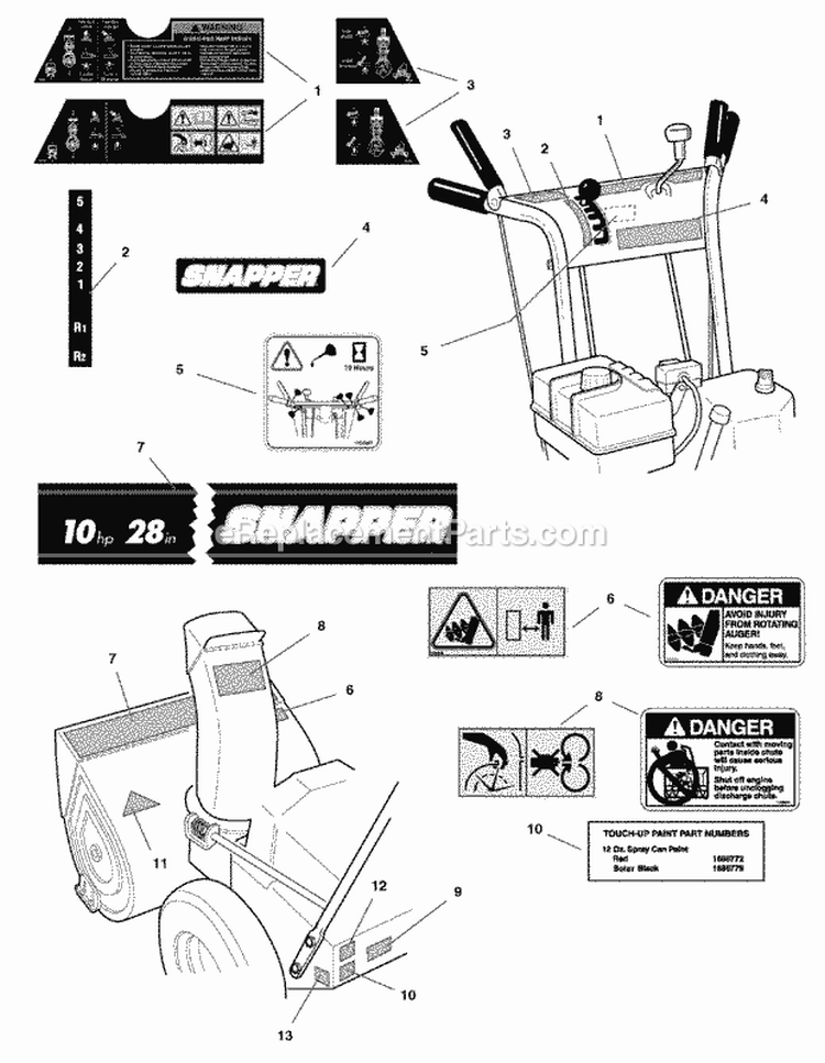 Decals Group Diagram and Parts List for E10287 1694607 Snapper Snow Blower