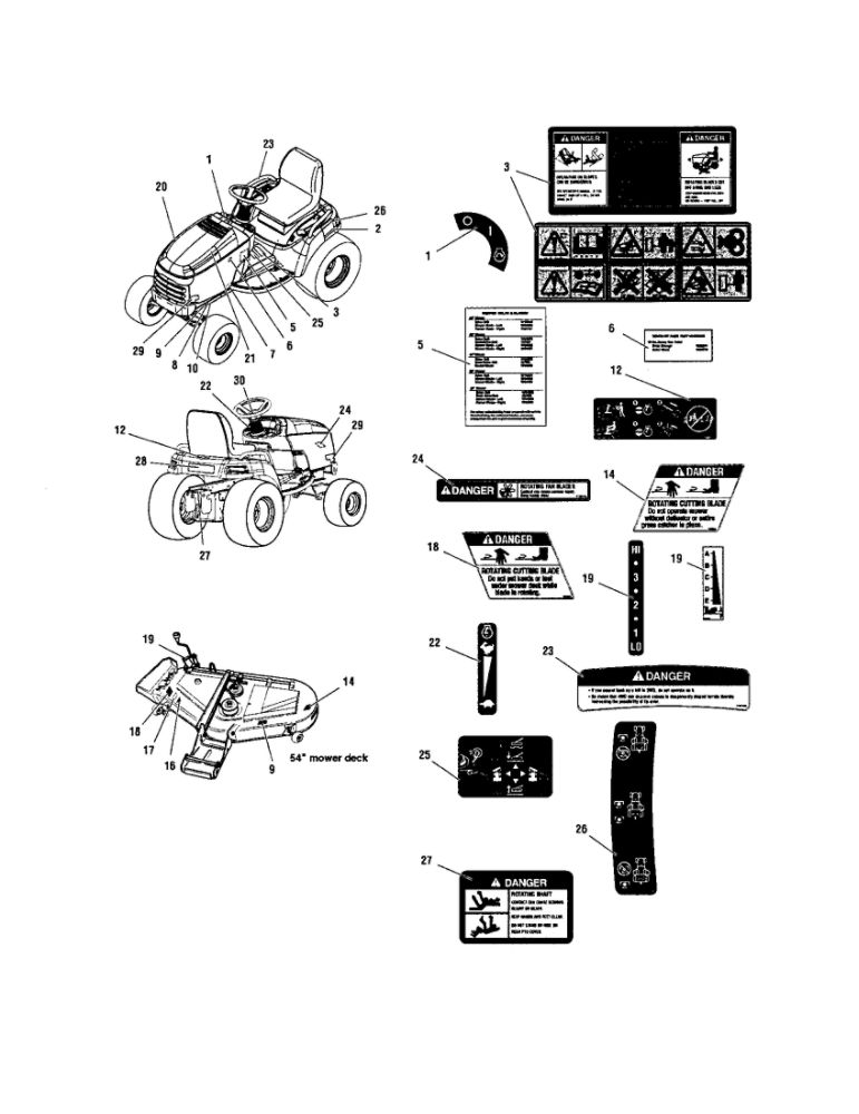 Decals Diagram and Parts List for SGT27540D 2690628 Snapper Lawn Tractor