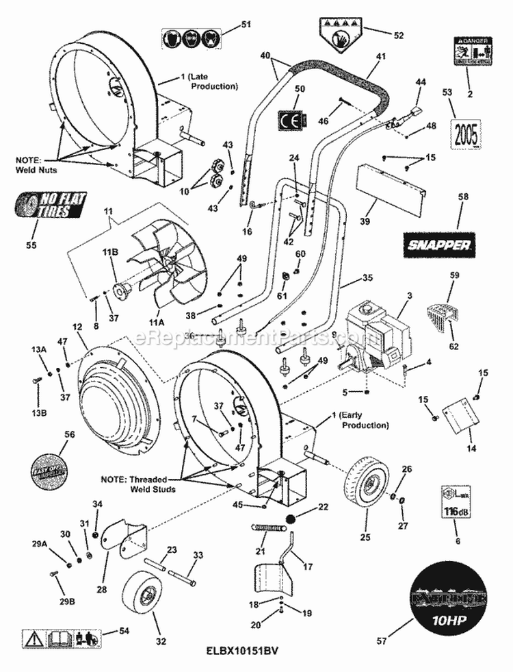 Blower Assembly (Series 1) Diagram and Parts List for ELBX10151BV 7085912 Snapper Leaf Blower / Vacuum